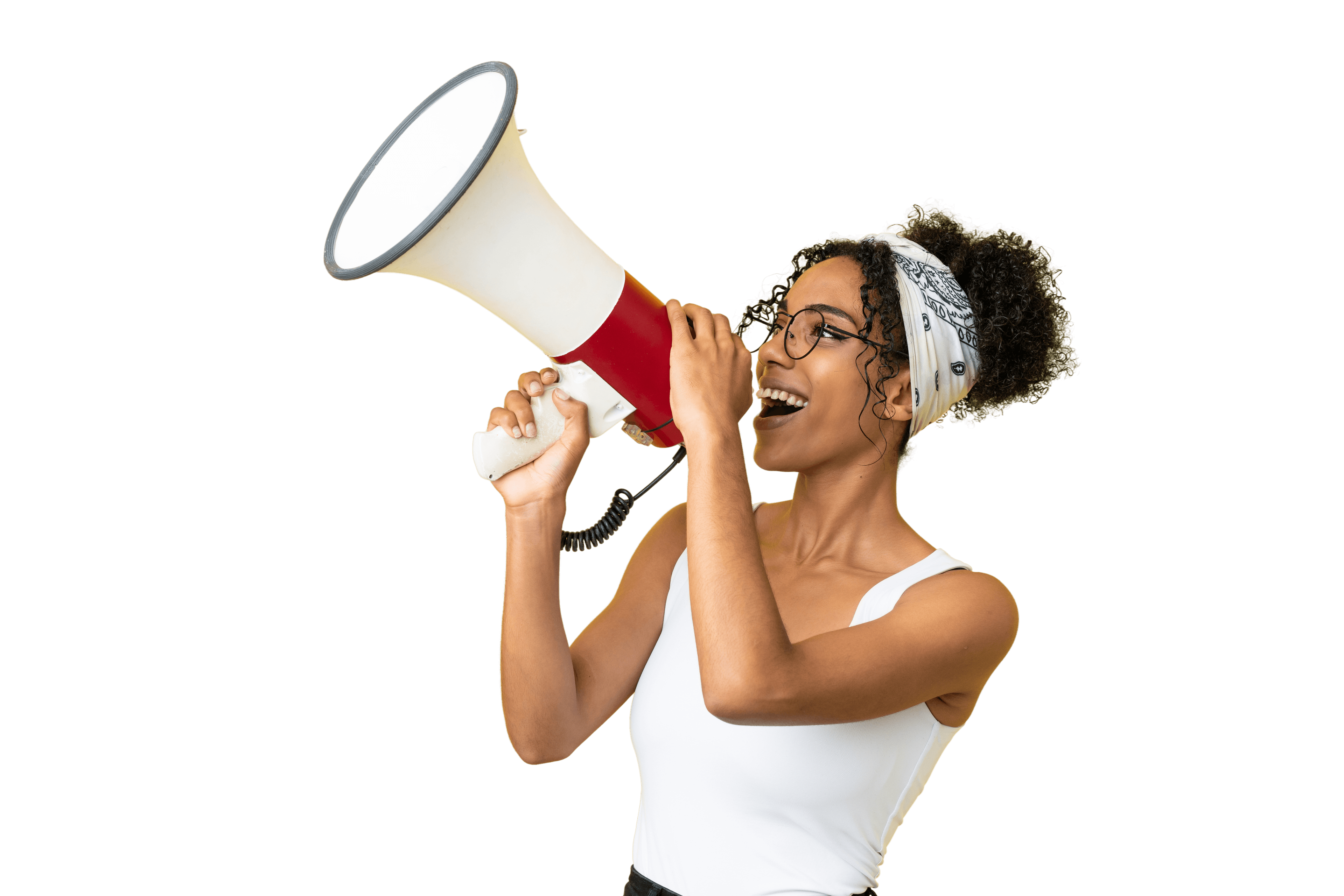 Woman with megaphone promoting referral program