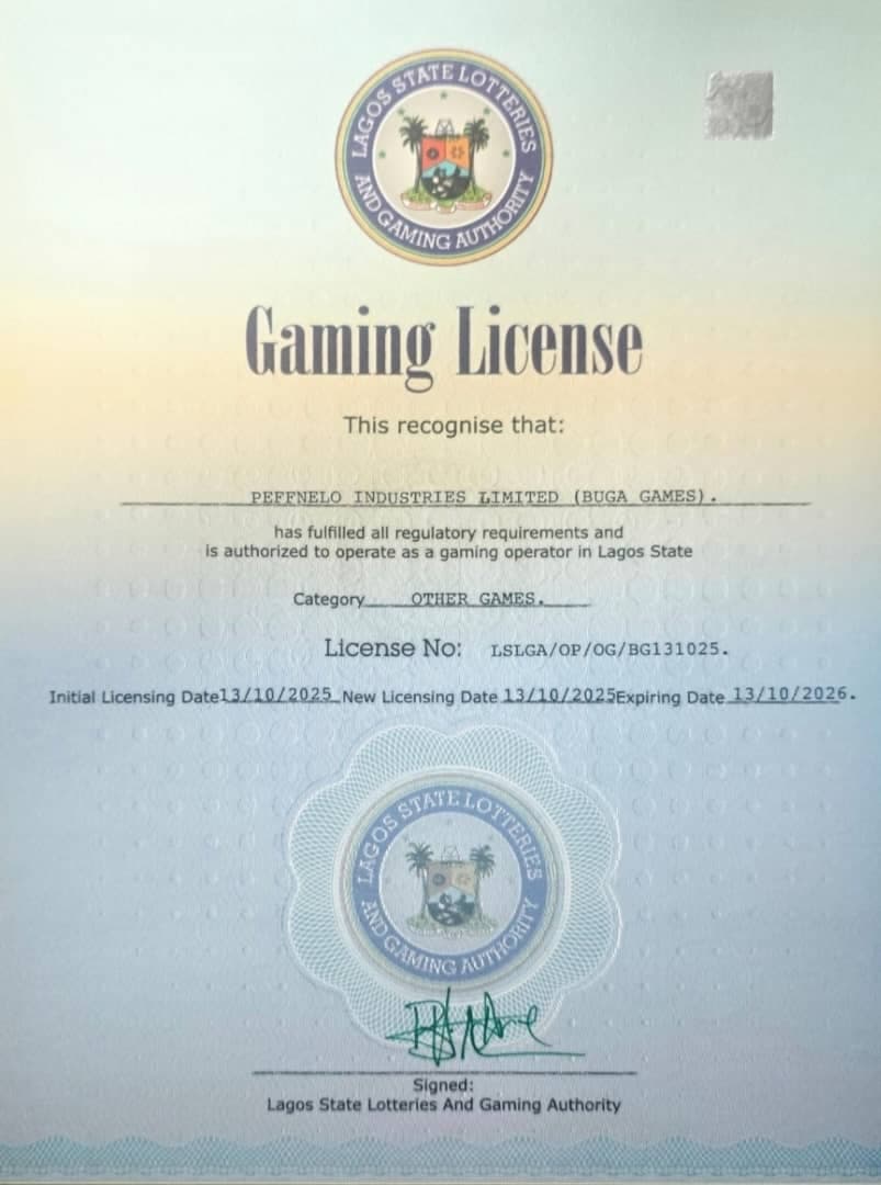 BUGA Games Official Gaming Licence - Lagos State Lotteries and Gaming Authority